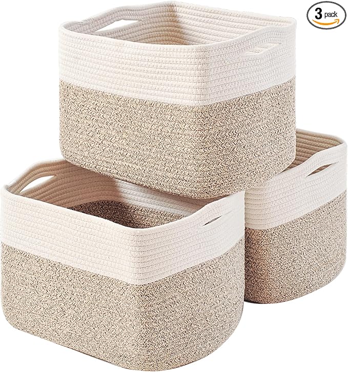 ICERZCZ Storage Baskets for Organizing, Woven Cotton Rope Basket for Storage Books, Baby Organizing Baskets, Toy Storage Basket, 15"x11"x9.5", 3 Packs, Off White & Brown