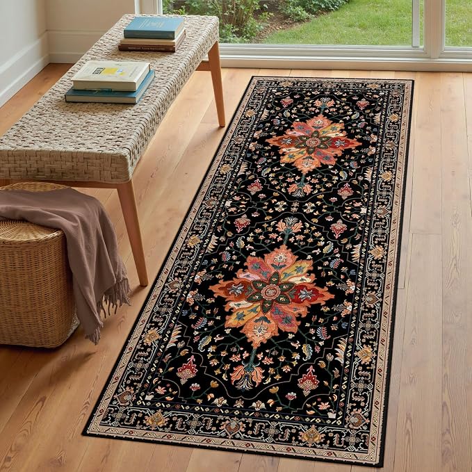 RELEANY Area Rugs Runner 3'x7' Washable Non-Slip, Floral Vintage Distress Medallion Carpet for Kitchen Hallway Bedroom Beside Laundry Room Bathroom, Black Colorful Floral Dark Tan