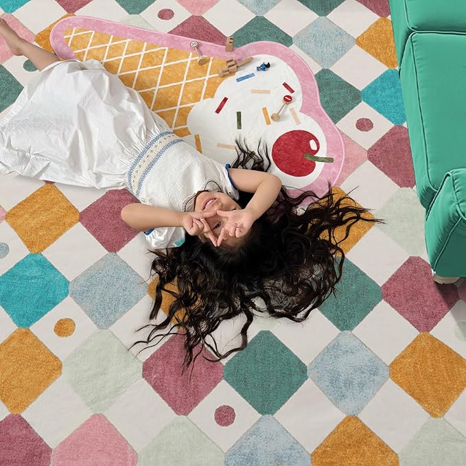 jinchan Macy 7x9 Kids Area Rug for Classroom Modern Colorful Nursery Rug Checkered Diamond Play Mat Washable Soft Non Slip Carpet for Playroom Living Room Bedroom Daycare Confetti on Cream