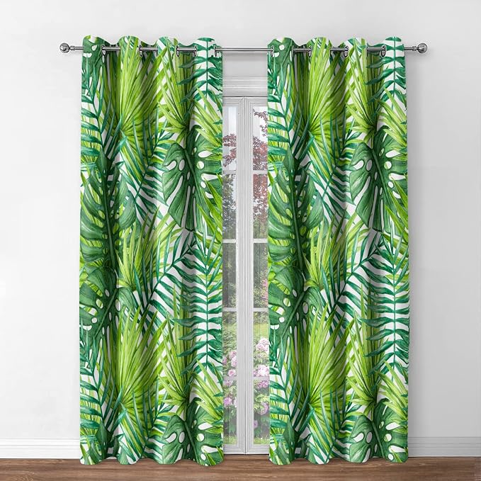 Jekeno Tropical Leaf Blackout Curtains - Room Darkening Window Drapes Nature Plants Green Leaves Theme Print Decor Home Bedroom Living Room Apartment Grommet Window Treatments 2 Panels Set, 52"x84"