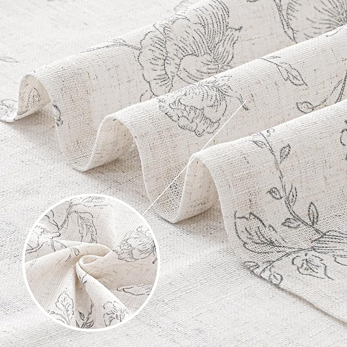Printed Linen Curtains, 120 inch Length for Living Room, Grey and Cream Floral Pattern, Burlap Textured, Rustic Farmhouse Country Dining Room Curtains, Shabby Chic, Extra Long Floral Drapes, 10 FT