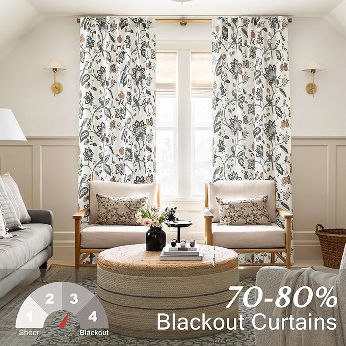 Floral Farmhouse Curtains 96 Inches Long 2 Panel Set for Bay Window,Semi Blackout Green and Brown Primitive Farm House Style Antique Curtains for Living Room Bedroom