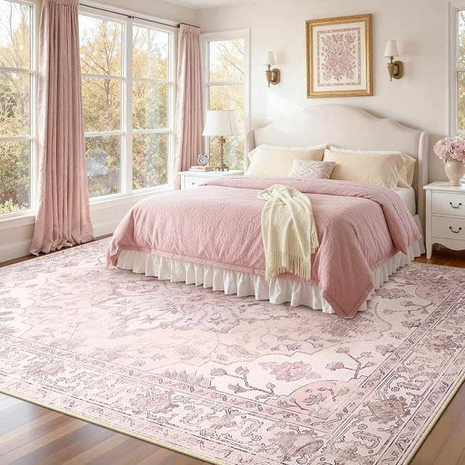 RELEANY Area Rugs 8'x10' Washable Non-Slip, Floral Vintage Distress Medallion Carpet for Living Room Bedroom Dining Room, Pink Greypink Cute