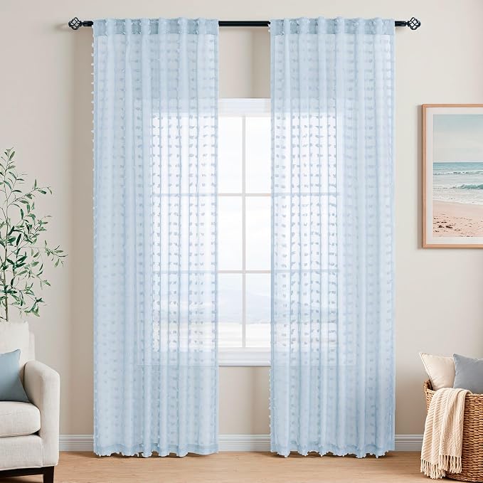DANCURTON Light Blue Sheer Curtains 96 Inches Long for Living Dining Room Pom Pom Back Tab Boho Farmhouse Sheer Drapes 2 Panels Pale Baby Pastel Blue Voile Curtain for Boys Girls Bedroom Nursery 52x96