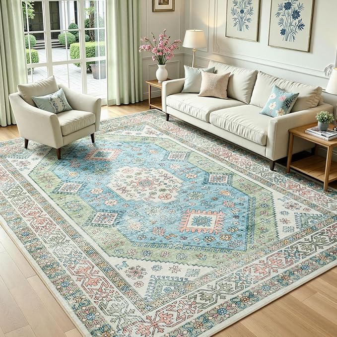 Lofus Vintage Living Room Rugs 5x7, Soft Machine Washable Area Rug for Bedroom Indoor Floor Home Office House Decor, Oriental Traditional Distressed Farmhouse Carpet, Boho Sage Green and Light Blue