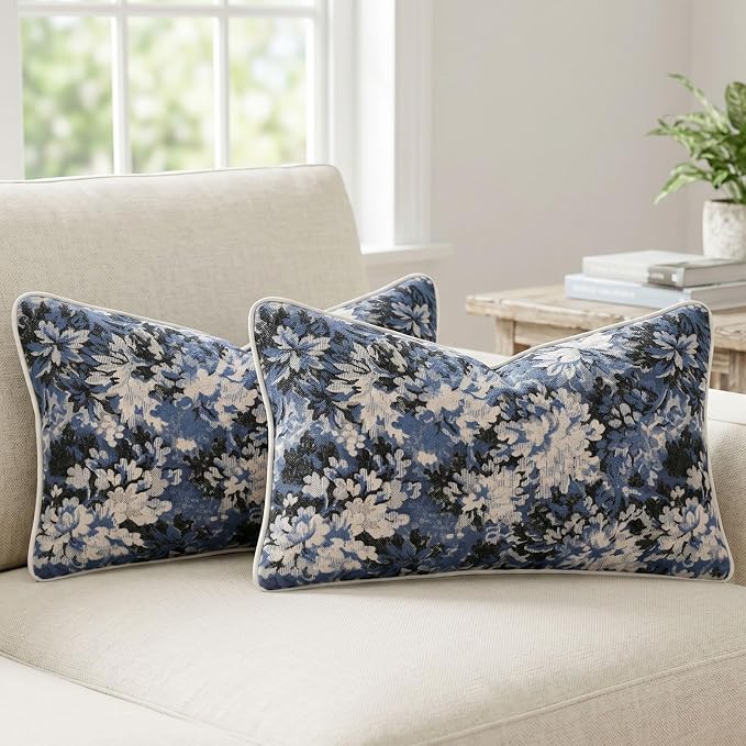 Vintage Floral Throw Pillow Covers 12x20 Inches Set of 2 Lumbar Boho Farmhouse Pillow Cases Premium Chenille Textured Decorative Cushion Covers for Couch Retro Garden Farmhouse Style Blue