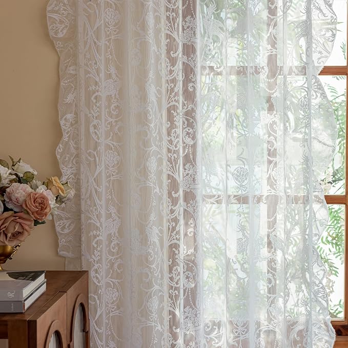 TUDECO Sheer Floral Curtains 108 Inches Long - Romantic White Lace Curtains for Living Room Rod Pocket Embroidered See Through Coquette Voile Window Decor 2 Panles, 59 x 108 Inches, White