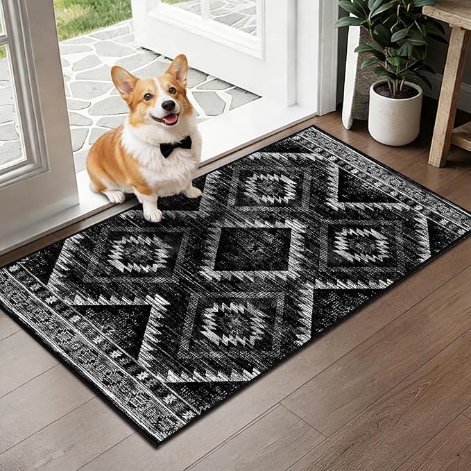 BESTSWEETIE Area Rug 2x4 Rug Machine Washable Non-Slip Low Pile Print Pattern Western Rug for Living Room Bedroom Entryway Tribal Series-Black
