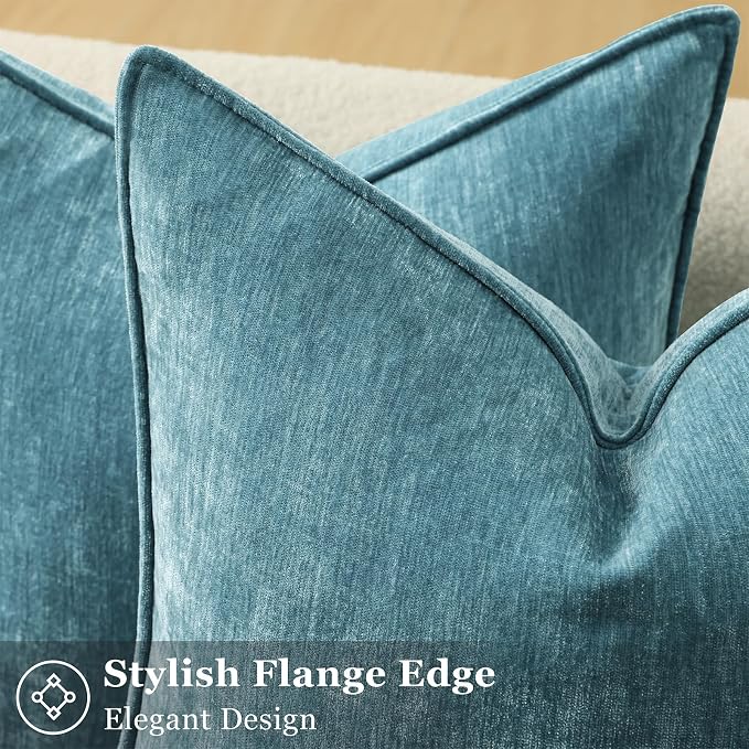 decorUhome Fall Couch Euro Sham Throw Pillow Covers 24x24 Set of 2, Decorative Soft Velvet Modern Cozy Chenille Pillow Cases with Elegant Design for Sofa Bed Living Room Home Decor, Teal