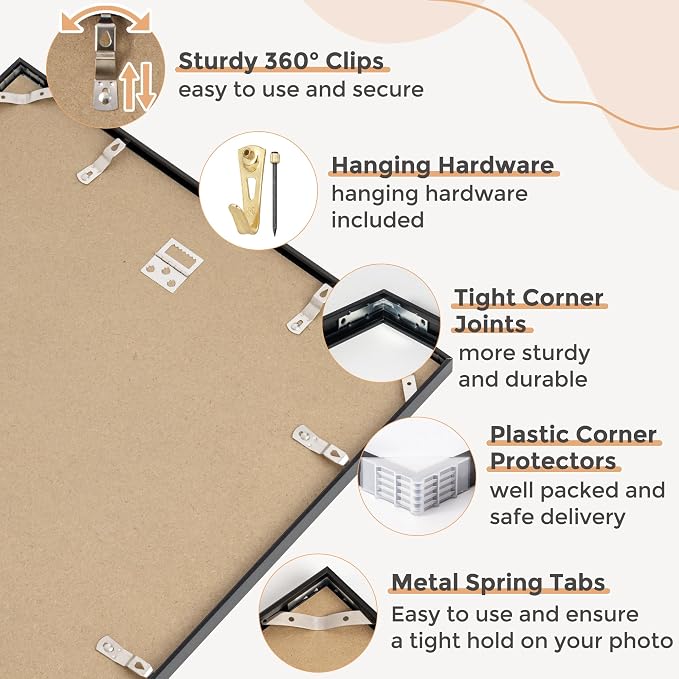 FLYJOE 16x24 Frame | 16x24 Poster Frame With Mat For 12x18 | Metal Aluminum Picture Frame With Tempered Glass | Minimalist Modern Poster Frame | Hanging Hardware Included | Set of 2, Black