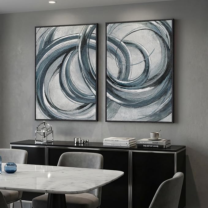 Framed Blue Gray Abstract Wall Art Set of 2, Modern Circle Line Canvas Artwork for Walls, Contemporary Abstract Paintings Prints for Living Room Bedroom Office Hallway Wall Decor, 24x36 In