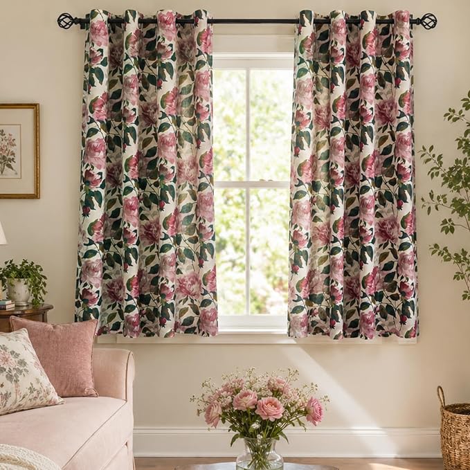 ALIGOGO Pink Floral Kitchen Curtains 54 Inch Length, Linen Blend Farmhouse Cottage Short Floral Window Curtains for Bedroom Laundry Room,Grommet Top, Light Filtering & Privacy, 2 Panels, 50W x 54L