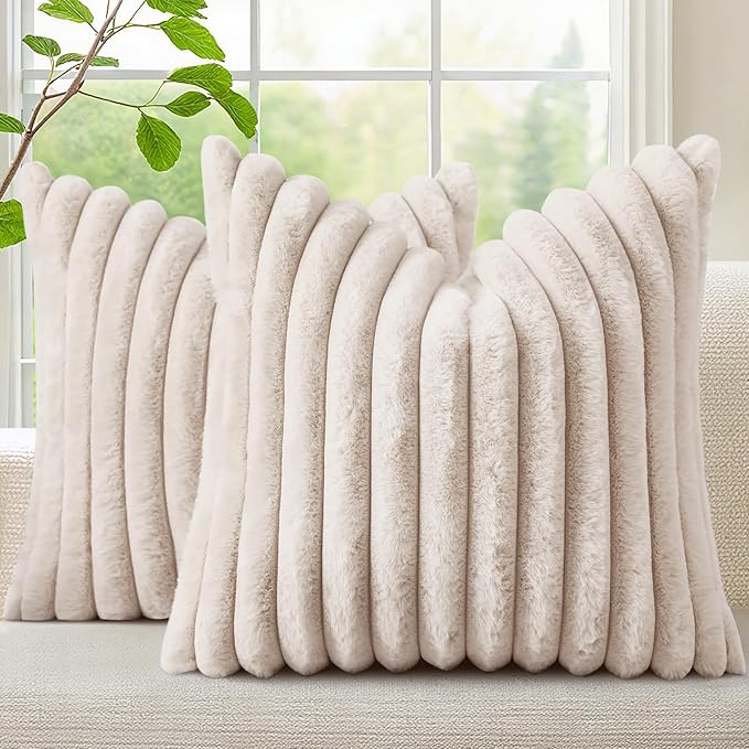 decorUhome Fall Cozy Faux Fur Throw Pillow Covers 26x26 Set of 2 Decorative Soft Plush Striped Modern Farmhouse Boho Couch Euro Sham Pillow Cases with Velvet Back for Sofa Bed Living Room, Beige