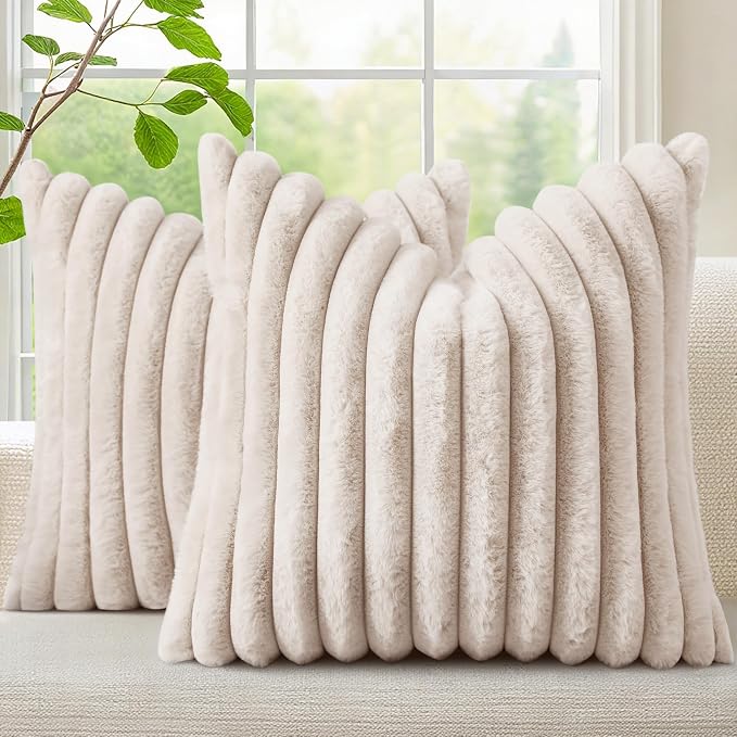 decorUhome Fall Cozy Faux Fur Throw Pillow Covers 22x22 Set of 2 Decorative Soft Plush Striped Modern Farmhouse Boho Couch Euro Sham Pillow Cases with Velvet Back for Sofa Bed Living Room, Beige