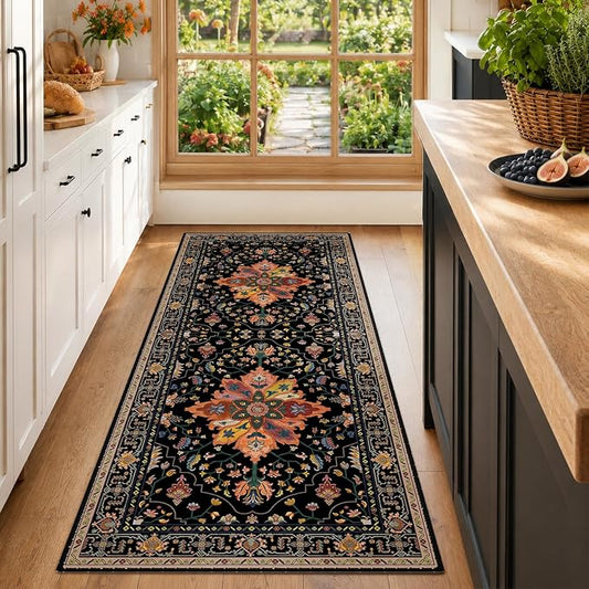 RELEANY Area Rugs Runner 2'x6' Washable Non-Slip, Floral Vintage Distress Medallion Carpet for Kitchen Hallway Bedroom Beside Laundry Room Bathroom, Black Colorful Floral Dark Tan