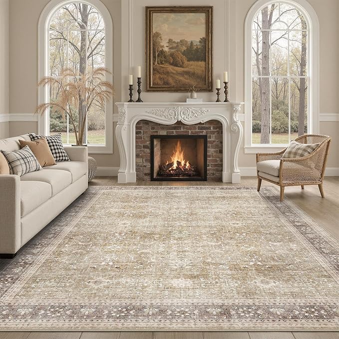 DCX Beige and Taupe 5x7 Rug, Kid & Pet Friendly with Rubber Back Non Slip, Machine Washable Stain Resistant Vintage Traditional Distressed Carpet, Rug for Living Room, Bedroom, Neutral Home Decor