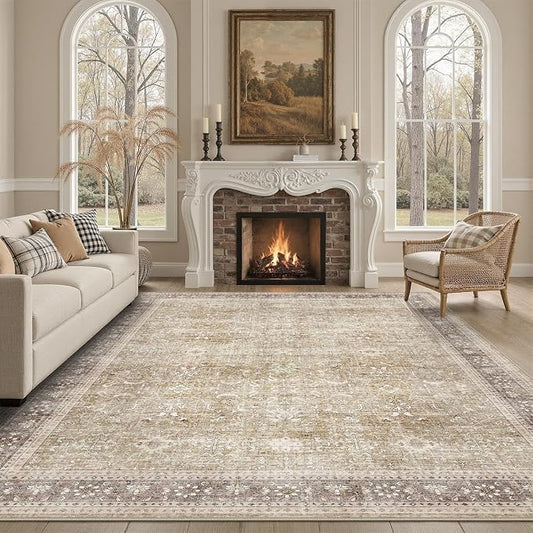 DCX Beige and Taupe 5x7 Rug, Kid & Pet Friendly with Rubber Back Non Slip, Machine Washable Stain Resistant Vintage Traditional Distressed Carpet, Rug for Living Room, Bedroom, Neutral Home Decor