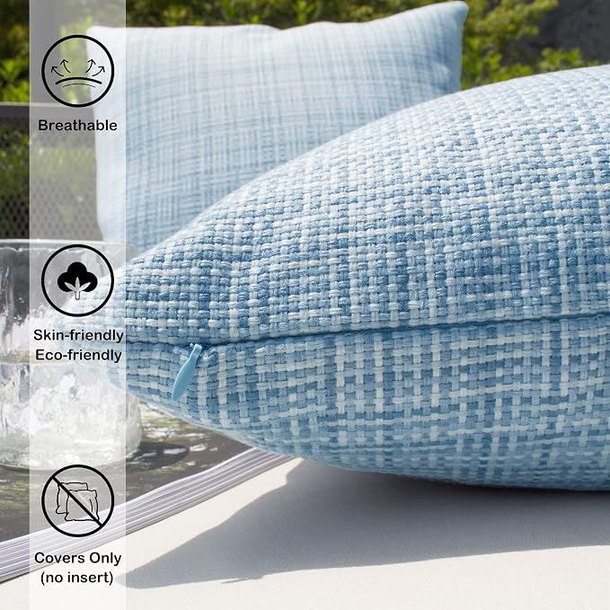 Kevin Textile Pack of 2 Decorative Outdoor Waterproof Throw Pillow Covers Stripe Square Pillowcases Modern Cushion Cases for Patio Couch Bench 20 x 20 Inch Light Blue