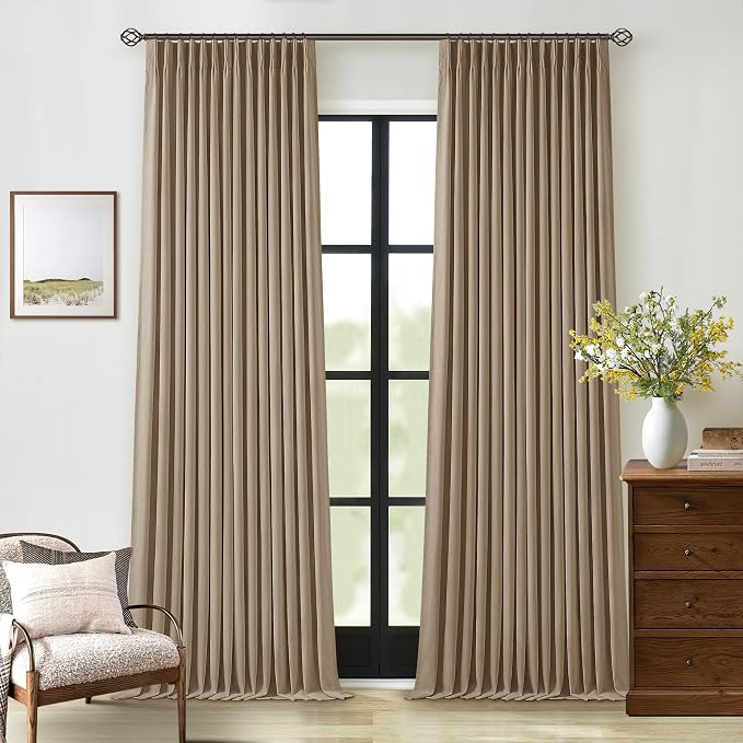 Copper Brown Pleated Linen Blackout Curtains 102 Inches Long for Bedroom Living Room Pinch Pleat Black Out Thermal Insulated Ring Hooks Room Darkening Drapes Tan Coffee Curtains with Liner 40x102
