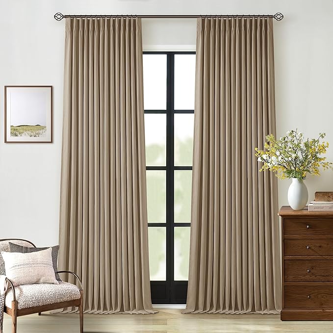 Light Brown Linen Blackout 92 Inch Curtains for Living Room 2 Panels Set Pinch Pleated Back Tab Drapes Farmhouse Thermal Insulated Full Black Out Curtains 92 Length High Ceiling to Floor 40x92