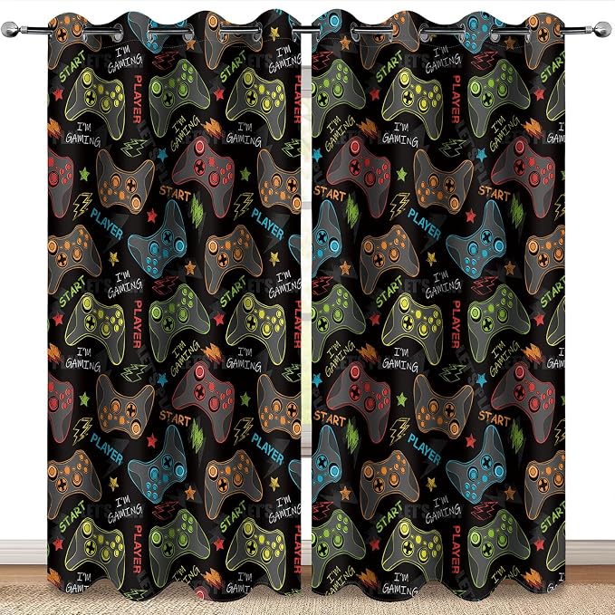MissHope Gamer Gaming Gamepad Blackout Curtains Kids Boys Men Teen Girls Colorful Video Game Controller Decor Teenage Child Bedroom Room Darkening Grommet Window Drapes 2 Panels, 52"x84"