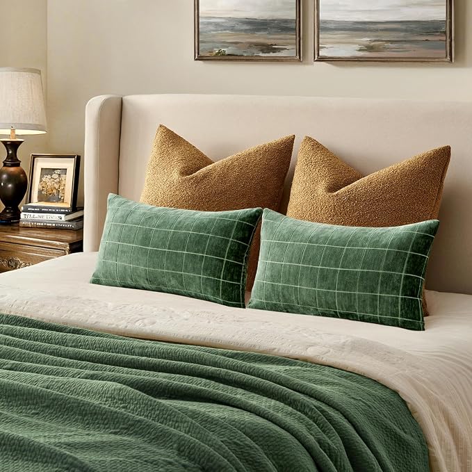 MIULEE Moss Green Plaid Decorative Throw Pillow Covers 12x20 Set of 2 | Vintage Check Chenille Couch Pillows Neutral Boho Farmhouse Cushion Covers Modern Home Decor for Sofa Bed Living Room