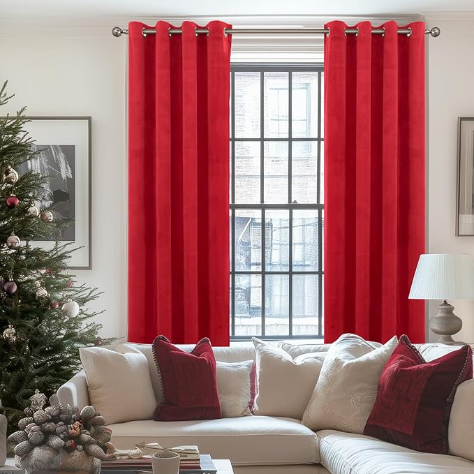 YoungsTex 90 Inch Red Velvet Blackout Curtains, Thermal Insulated Drapes with Grommet Room Darkening for Bedroom Living Room Privacy, 2 Panels, 52 X 90 Inch