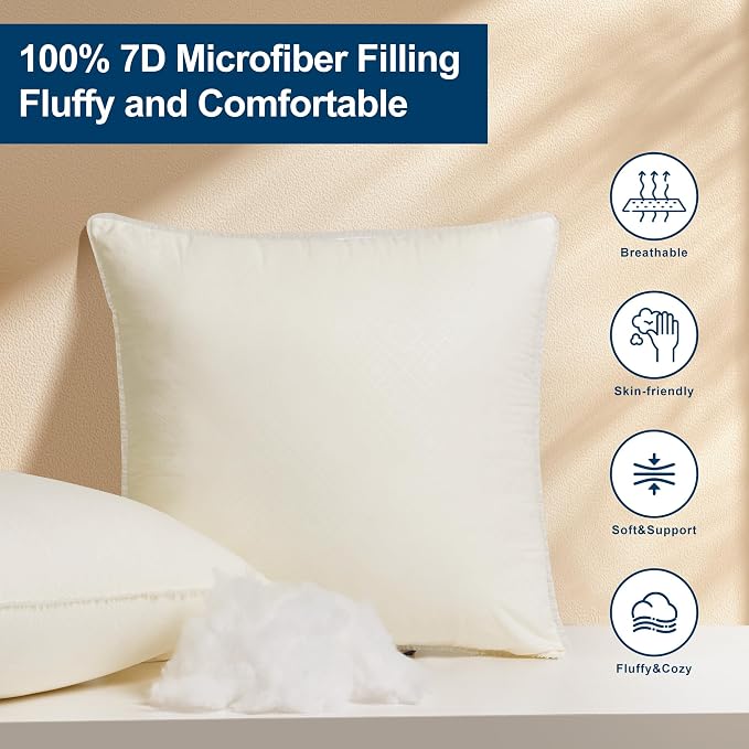 26 x 26 Throw Pillow Inserts - Soft and Plush, Virgin Fiber Filling, Decorative Pillows for Couch Sofa Bed, Machine Washable - White, Pack of 2