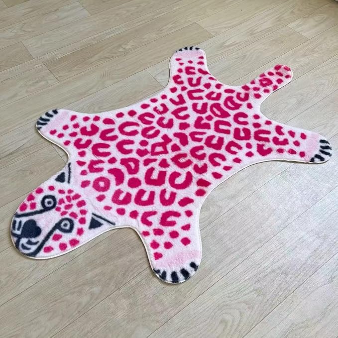 Pink Leopard Print Faux Cowhide Cheetah Fur Skin Carpet Non-Slip Animal Printed Area Rug Throw Rugs Floor Carpet for Door Mat Bedrooms Room Decor (3.3x2.95Ft)