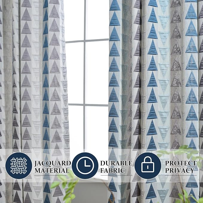 Leeva Modern Jacquard Curtains 52x63 Inch - Geometric Triangle Pattern, Light Filtering Drapes with Metal Grommet Top, Set of 2 Panels for Bedroom Living Room, Blue