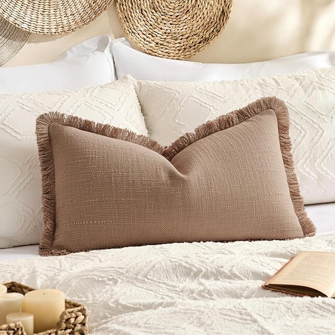 Kevin Textile 14x24 Inch Lumbar Pillow Cover 1 Pack Boho Fringe Decorative Rectangle Cushion Case with Tassels Neutral Cotton Woven Textured Farmhouse for Living Room Couch Sofa Bed, Khaki Brown