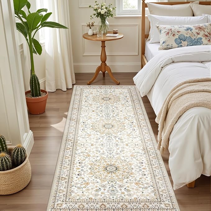 Hallway Runner Rug Non Slip - Washable 2.6x8 Kitchen Rugs for Living Room, Low-Pile Soft Bedroom Rug Indoor Floor Stain Resistant Carpets for Entryway, Laundry, Bathroom Beige