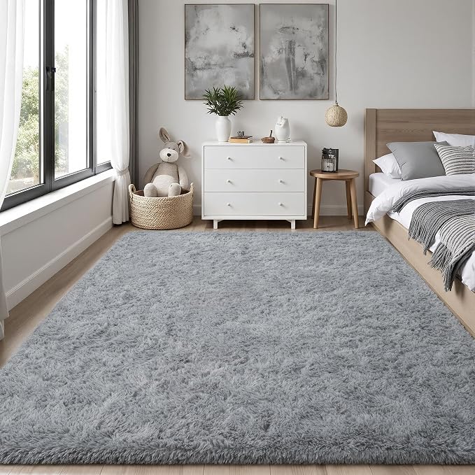 Area Rug for Living Room Bedroom: 4x6 Grey Soft Fluffy Shag Upgrade Non-Slip High Pile Carpet Large Fuzzy Plush Indoor Floor Decor Shaggy Rug for Kid Boys Girls Dorms Playroom Nursery Modern Home