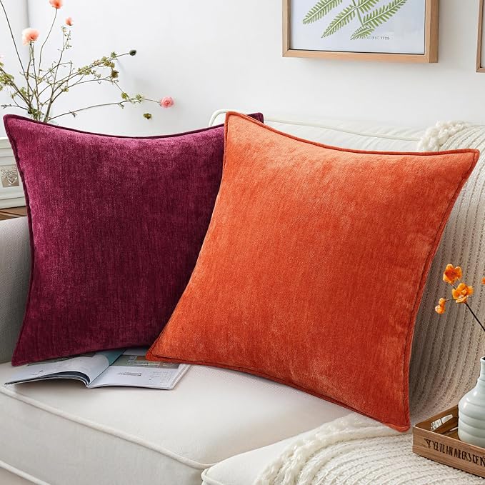 decorUhome Fall Couch Euro Sham Throw Pillow Covers 22x22 Set of 2, Decorative Soft Velvet Modern Cozy Chenille Pillow Cases with Elegant Design for Sofa Bed Living Room Home Decor, Rhododendron