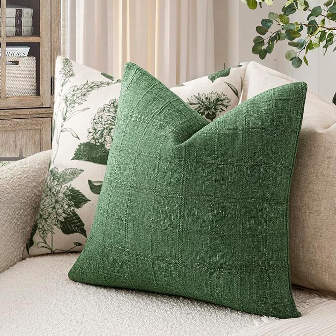 Foindtower Set of 2 Decorative Linen Check Throw Pillow Covers Neutral Farmhouse Vintage Cushion Covers Modern Boho Accent Home Decor for Sofa Chair Couch Bedroom Living Room,22×22 Inch,Forest Green