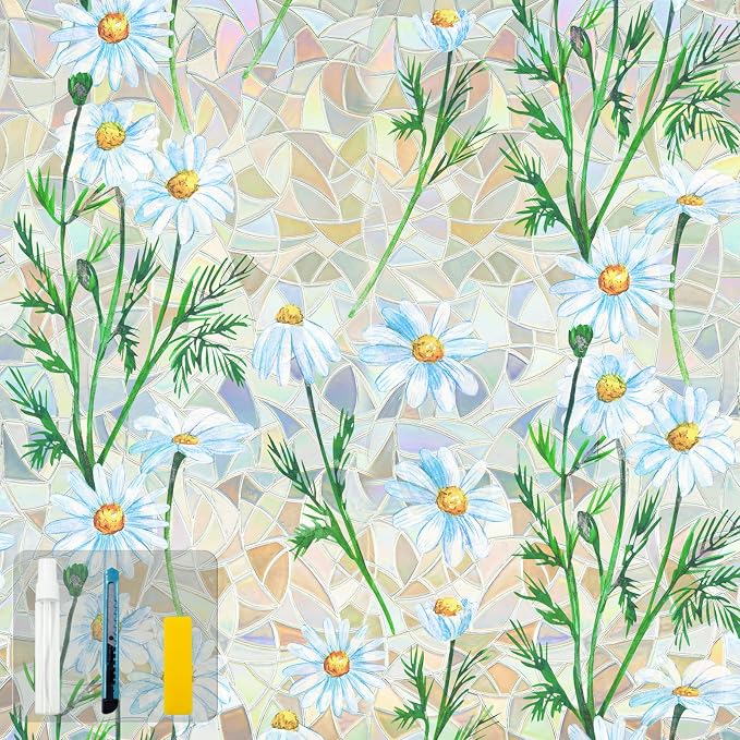 QHY Sunshine Privacy Window Film with Installation Tool Decorative Stained Glass Window Stickers Reusable Window Film (Leafy Daisy, 17.5 x 78.7)