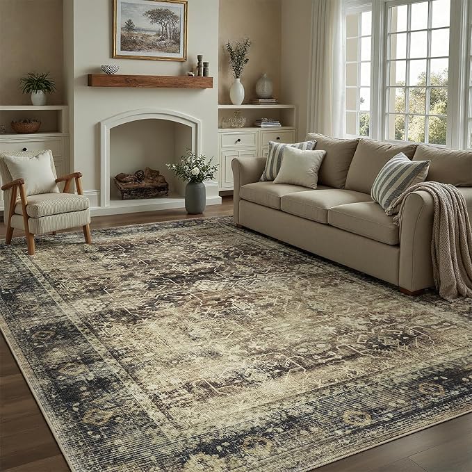 DCX Washable 6x9, Kid & Pet Friendly with Rubber Back Non Slip, Stain Resistant Vintage Rug for Living Room, Bedroom, Home Office, Soft Low Pile Large Farmhouse Distressed Carpet, Brown