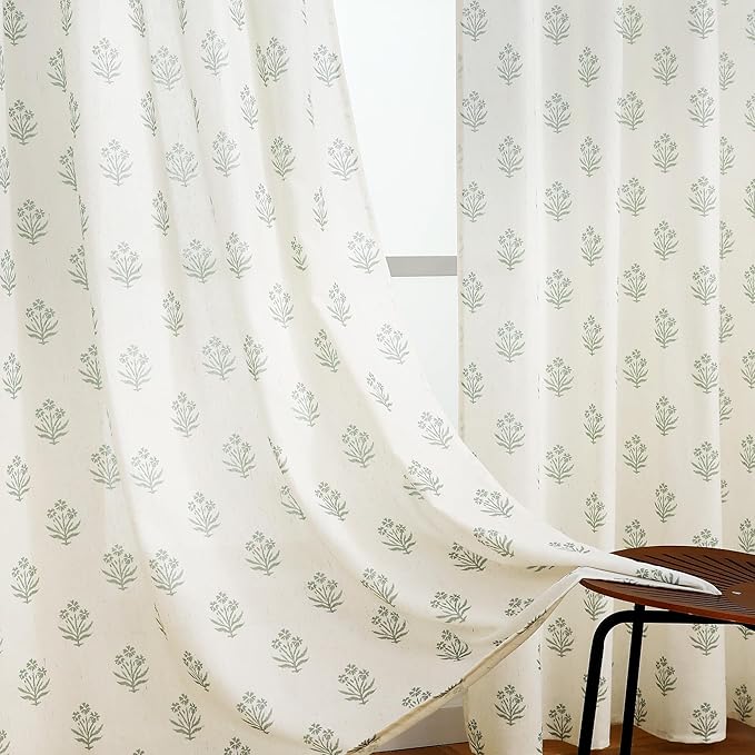 Sage Green Floral Curtains,Vintage Sheer Boho Pattern on Cream Beige Linen Cottage Core Whimsical Curtains for Bedroom Living Room 84 Inches Long 2 Panels Set