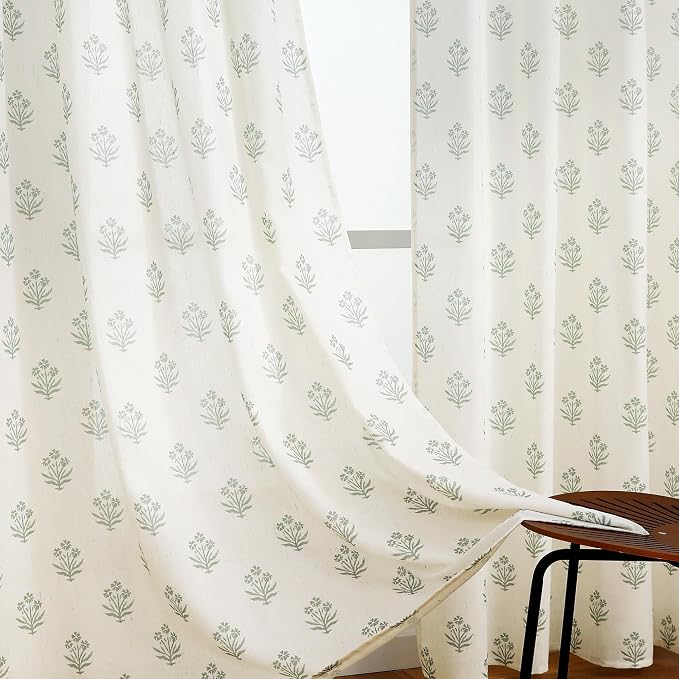 Botanical Curtains Green Leaf Print,Vine Sheer Unique Boho Floral Eclectic Chinoiserie Curtains for Bedroom Living Room 96 Inches Long