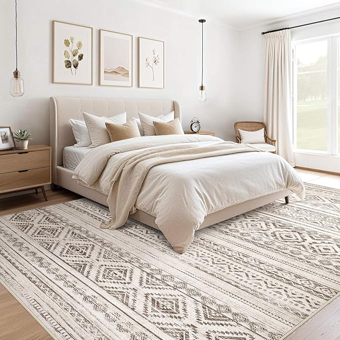cotiled 7x9 Area Rugs Living Room Rug: Washable Boho Rugs with Non Slip Backing Large Soft Indoor Stain Resistant Carpet for Bedroom Farmhouse Dining Room Lightweight Home Decor Dark Brown
