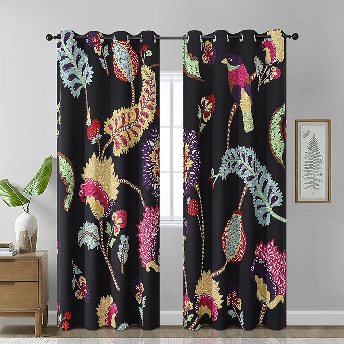 Estelar Textiler Bird and Feather Pattern Black Blackout Curtains 84 Inch Length 2 Panels Set for Bedroom, Floral Room Darkening Window Thermal Insulated Grommet Design Drapes for Living Room, 52Wx84L