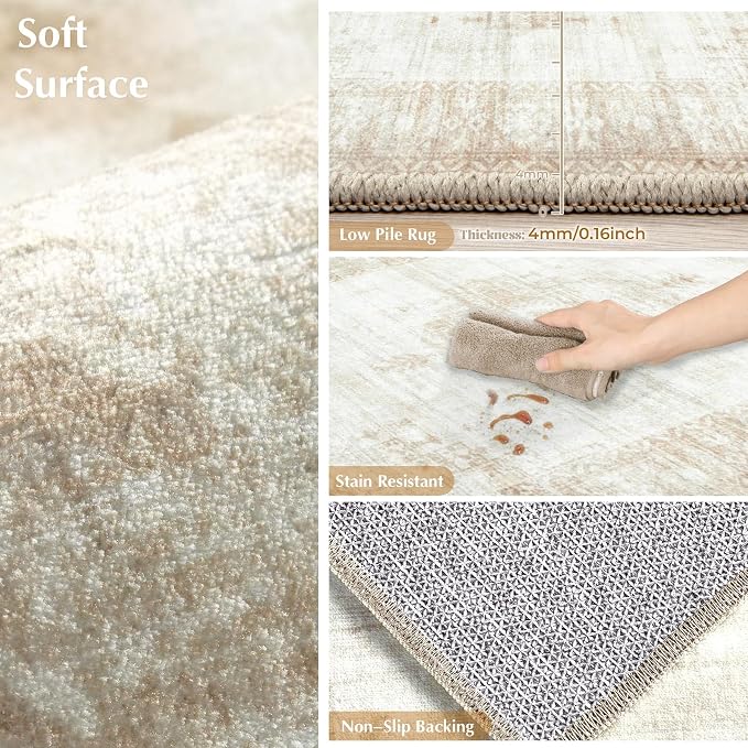 Aoyaomi Vintage Living Room Area Rug - 5x7 Large Machine Washable Boho Moroccan Distressed Farmhouse Rugs for Bedroom - Soft Non-Slip Indoor Floor Accent Rugs for Office Dining Room (Beige, 5' x 7')