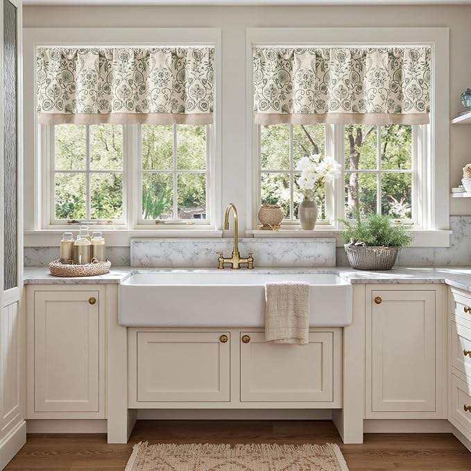 jinchan Linen Valance Kitchen Curtain Pack of 2 Double Layer 16 Inch for Living Room Bedroom Window Treatment Light Filtering Vintage Farmhouse Cottagecore Rod Pocket 2 Panels Green on Beige