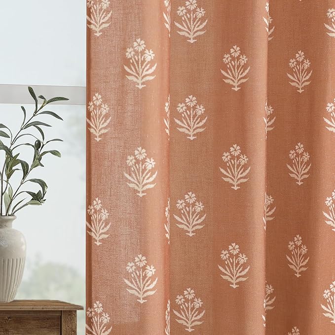 Boho Curtains 63 Inch Length for Living Room,Sheer Printed Farmhouse Vintage Earthy Copper Red Terracotta Rust Colored Retro Curtains for Bedroom Kitchen 2 Panel Sets 63 Inches Long
