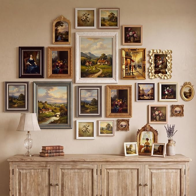 Kathfly 50 Pack Vintage Picture Frames for Wall, Tabletop Display Ornate French Country Frames Vintage Farmhouse Decor Antique Wall Frame Set for Gallery Bedroom Living Room Decor (Retro in Gold)