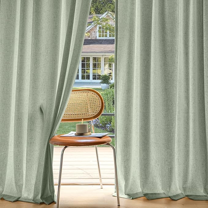 MIULEE Non-See-Through Privacy Linen Curtains 2 Panels, Light Filtering Window Curtains Farnhouse Textured Back Tab Semi Sheer Drapes for Bedroom Living Room, 52 x 63 Inches Long, Sage Green