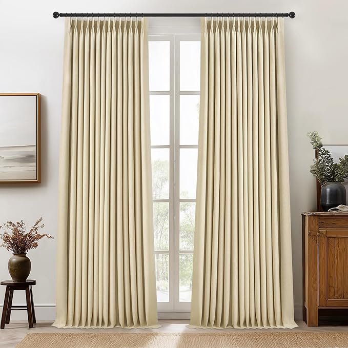 Topfinel Pinch Pleated Full Blackout Curtains 84 Inch for Bedroom Living Room,Fall Sand Beige Double Layer Linen Blended Room Darkening Back Tab Pinch Pleat Drape with Hooks Rings 2 Panel 40" Wx84 L