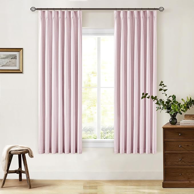 Light Pink Linen 63 Inch Length Blackout Curtains Pinch Pleated Drapes Back Tab 100% Black Out Short Room Darkening Pinch Pleat Curtains with Hooks Rings for Small Girls Bedroom Nursery Blush