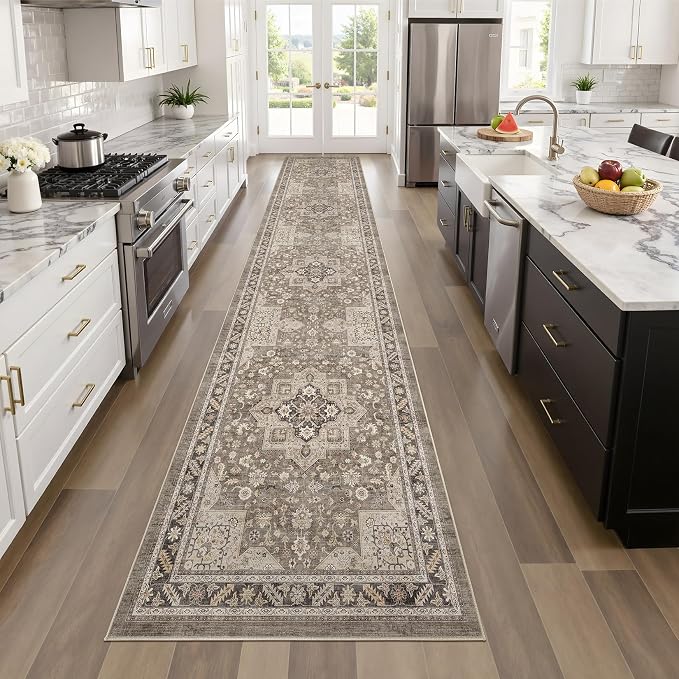 Vintage Hallway Runner Rug 2x10: Large Soft Washable Entryway for Kitchen Laundry Room Non-Slip Backing Runner for Entrance Living Room Bedroom Bathroom - Brown