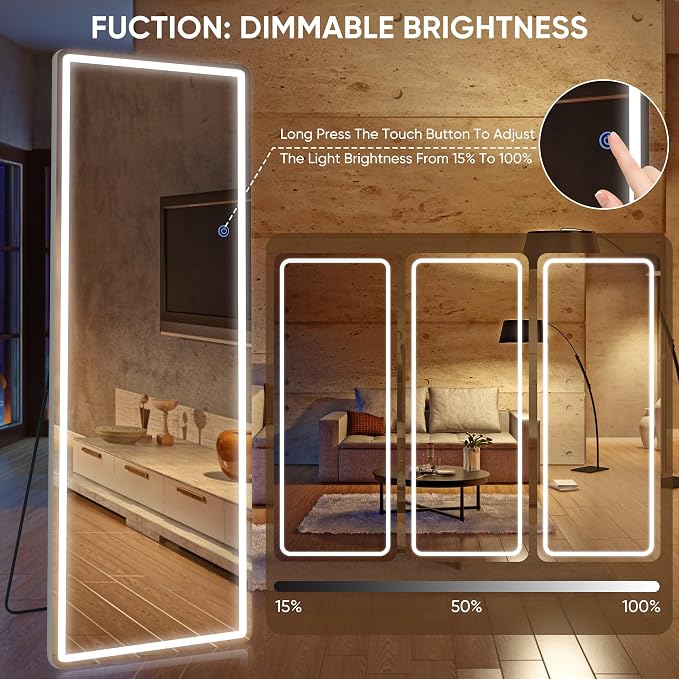Antok LED Full Length Mirror with Light, 71"x28" Lighted Full Body Mirror with Stand, Dimmable & 3 Color Lighting Standing/Leaning/Wall Mounted Vanity Mirror for Bedroom Cloakroom Livingroom(Rect)